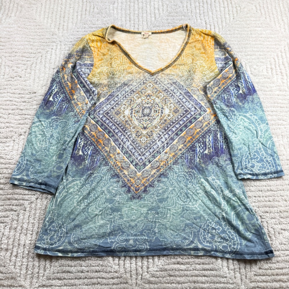 Reba Paisley Medallion Top Women L Boho V Shirt Southwestern Gypsy Ombre Indiee